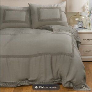 Melange Catrine Linen Crochet Lace Duvet Set Full/Queen Grey Storm 3 Piece